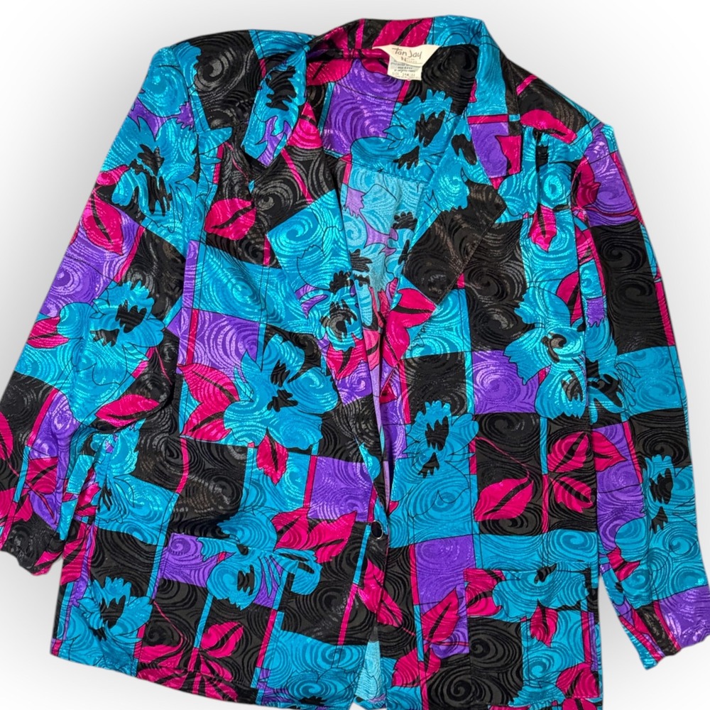 Vtg Tan Jay Silky Bright 80s Floral Geometric Blazer Plus 24W USA Dopamine Teal - Picture 10 of 13